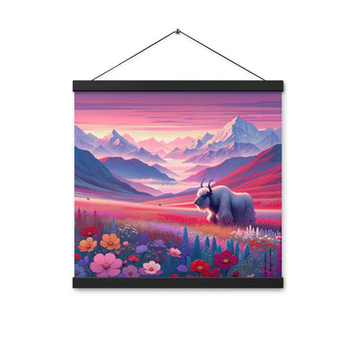 Verträumte Berg-Abenddämmerung mit Hochlandrind und blumigem Glanz - Premium Poster mit Aufhängung berge xxx yyy zzz 40.6 x 40.6 cm