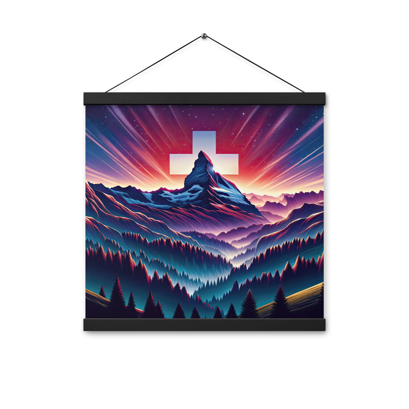 Alpenszene in Dämmerung mit Schweizer Flagge - Premium Poster mit Aufhängung berge xxx yyy zzz 40.6 x 40.6 cm