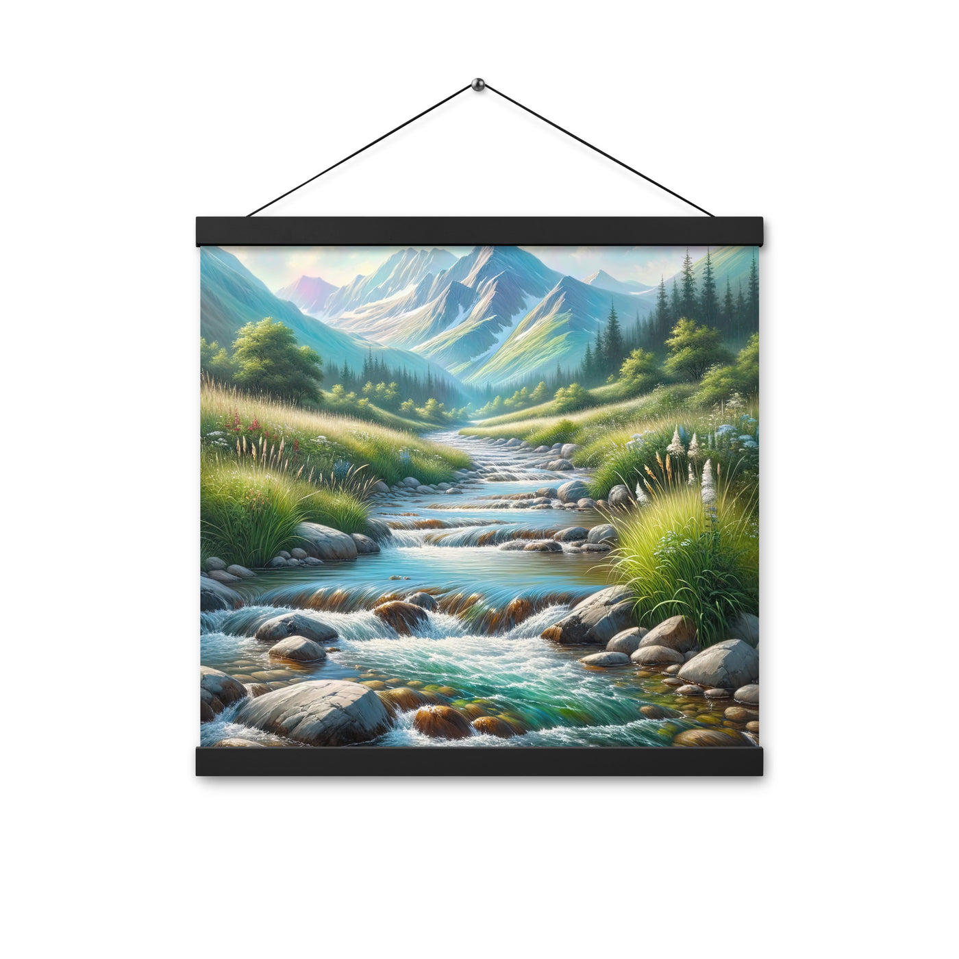 Sanfter Gebirgsbach in Ölgemälde, klares Wasser über glatten Felsen - Premium Poster mit Aufhängung berge xxx yyy zzz 40.6 x 40.6 cm