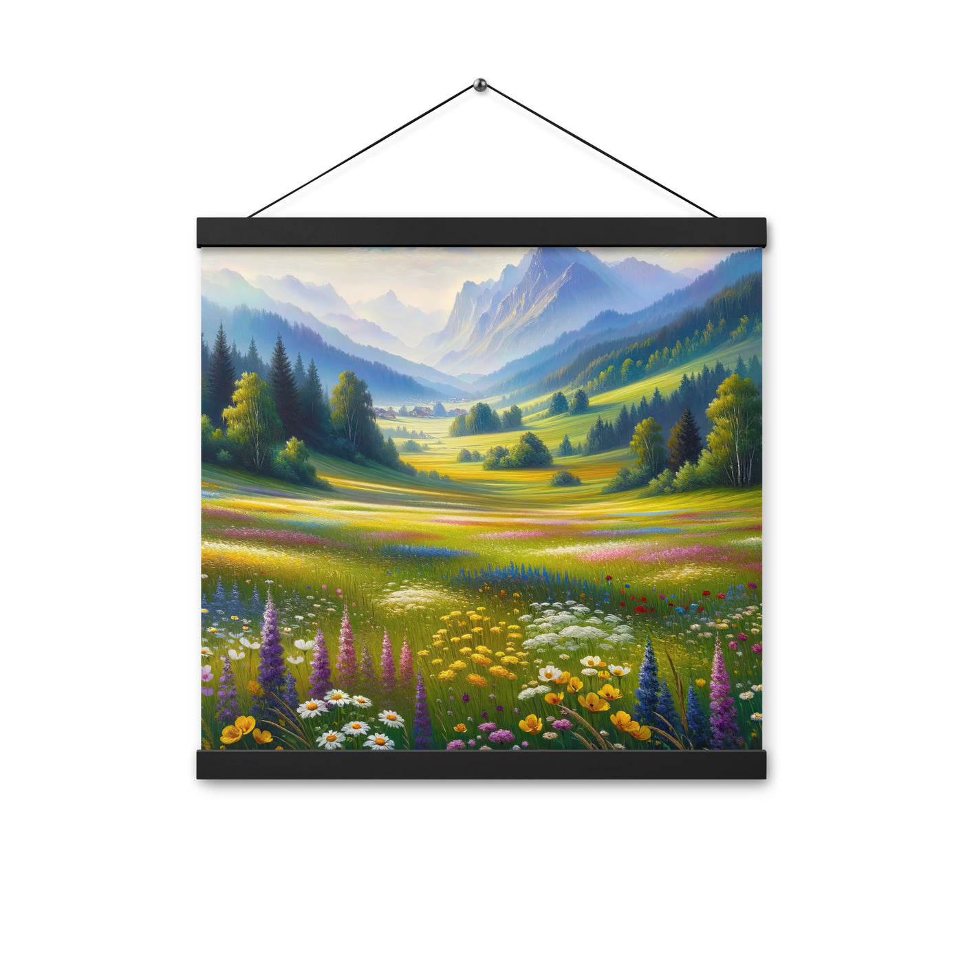 Ölgemälde einer Almwiese, Meer aus Wildblumen in Gelb- und Lilatönen - Premium Poster mit Aufhängung berge xxx yyy zzz 40.6 x 40.6 cm