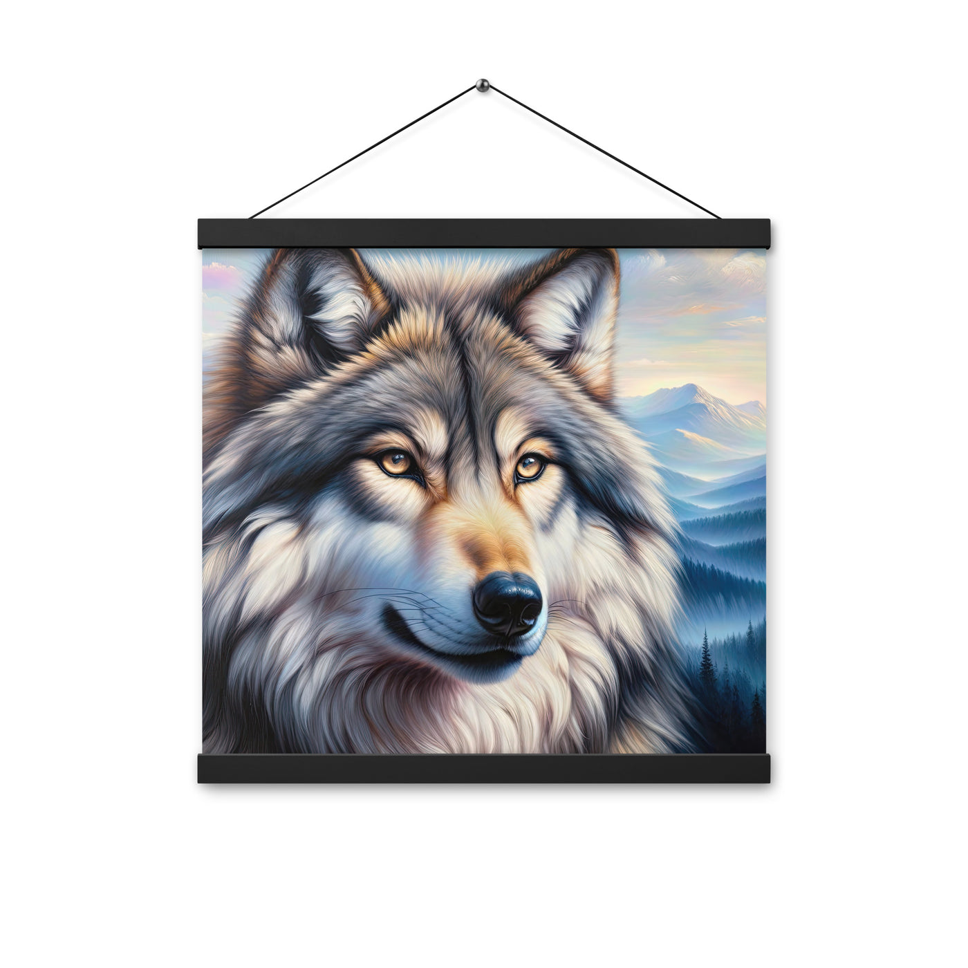 Ölgemäldeporträt eines majestätischen Wolfes mit intensiven Augen in der Berglandschaft (AN) - Premium Poster mit Aufhängung xxx yyy zzz 40.6 x 40.6 cm