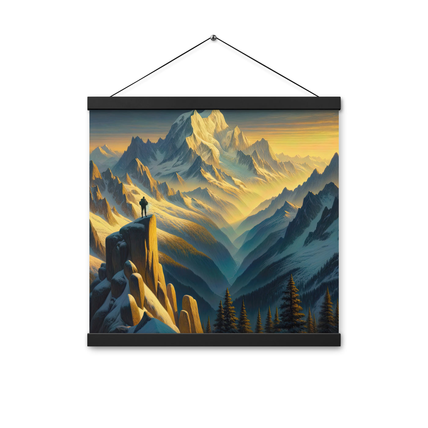 Ölgemälde eines Wanderers bei Morgendämmerung auf Alpengipfeln mit goldenem Sonnenlicht - Premium Poster mit Aufhängung wandern xxx yyy zzz 40.6 x 40.6 cm