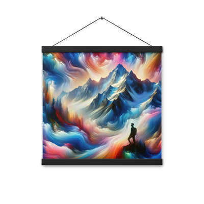 Foto eines abstrakt-expressionistischen Alpengemäldes mit Wanderersilhouette - Premium Poster mit Aufhängung wandern xxx yyy zzz 40.6 x 40.6 cm