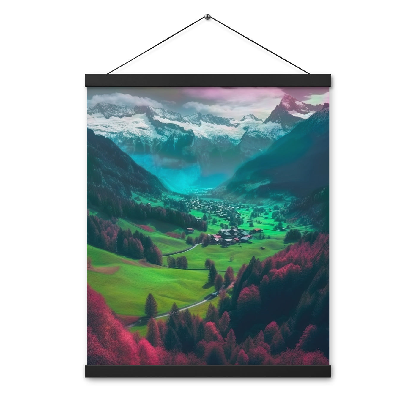 Berglandschaft und Dorf - Fotorealistische Malerei - Premium Poster mit Aufhängung berge xxx 40.6 x 50.8 cm