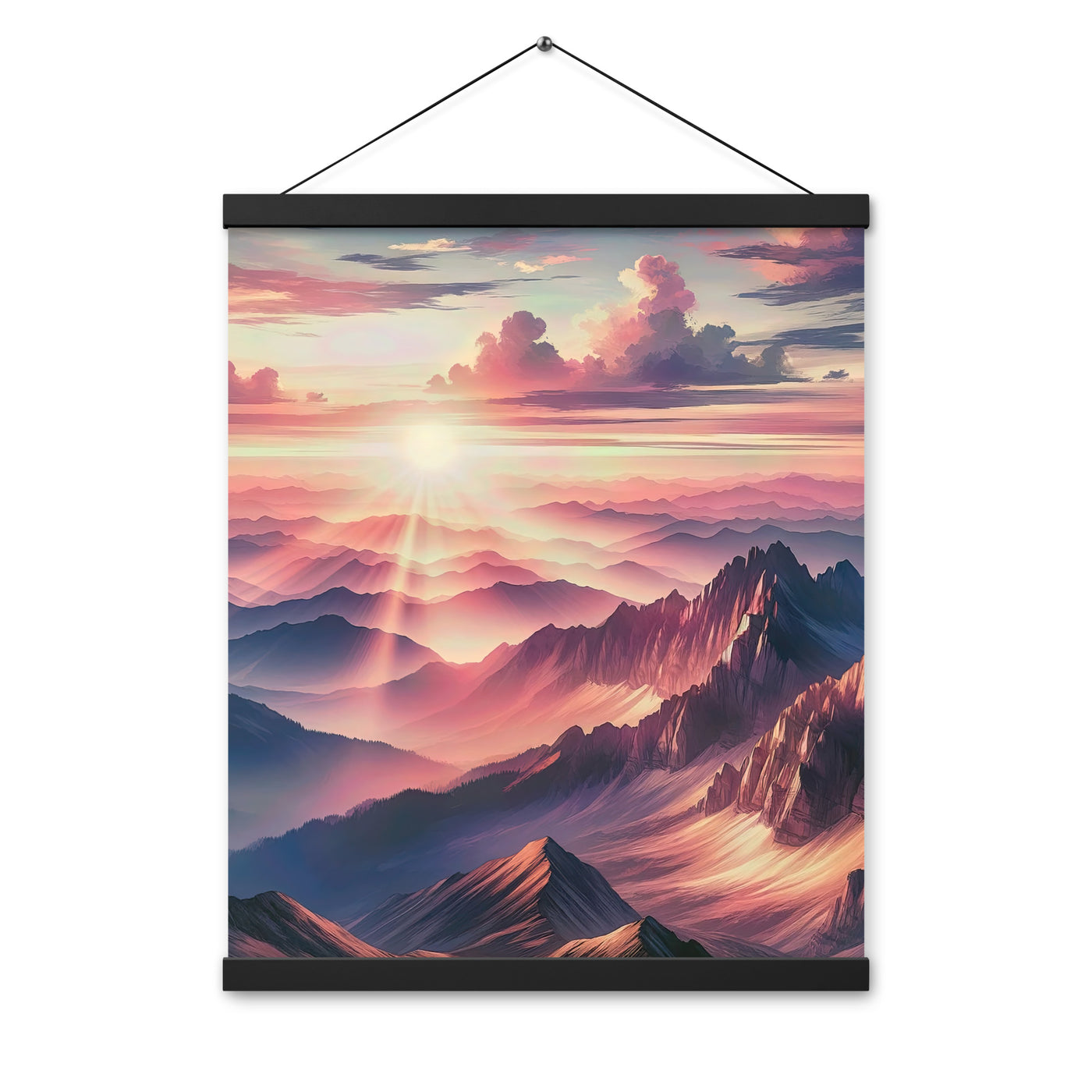 Schöne Berge bei Sonnenaufgang: Malerei in Pastelltönen - Premium Poster mit Aufhängung berge xxx yyy zzz 40.6 x 50.8 cm