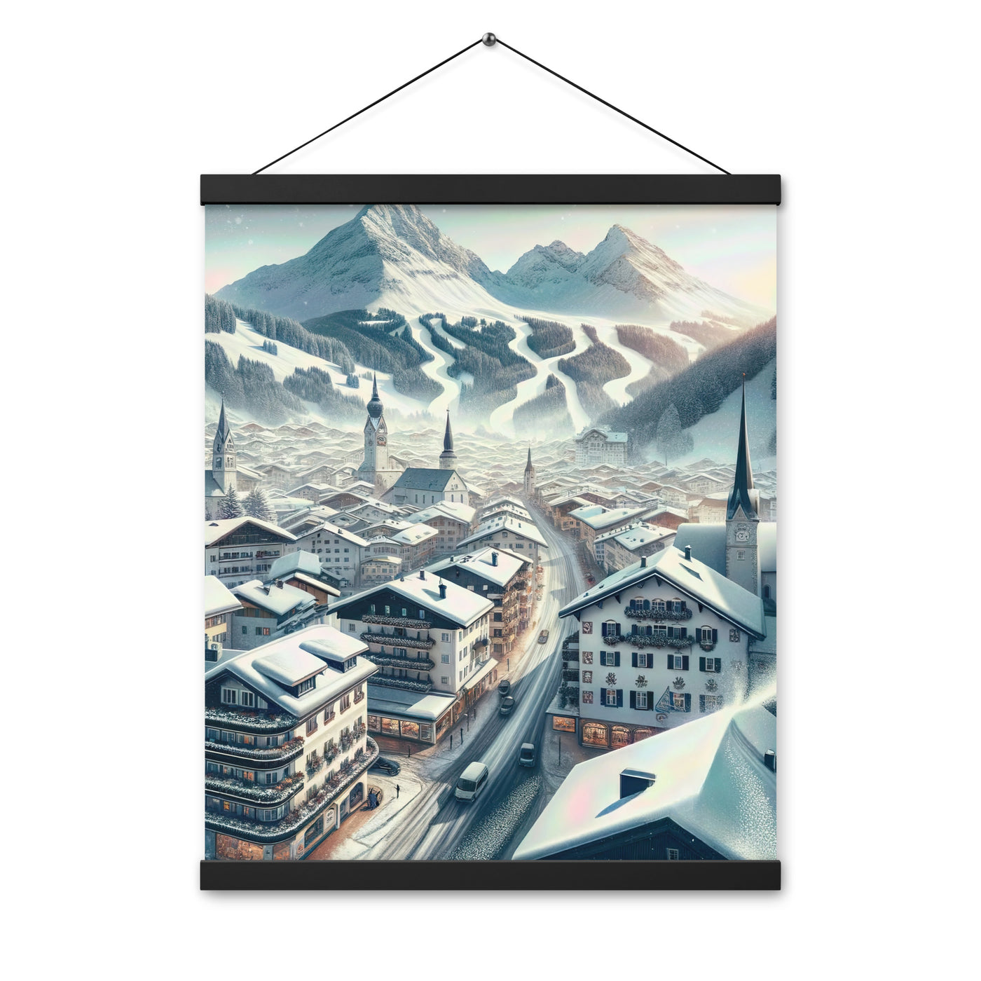 Winter in Kitzbühel: Digitale Malerei von schneebedeckten Dächern - Premium Poster mit Aufhängung berge xxx yyy zzz 40.6 x 50.8 cm