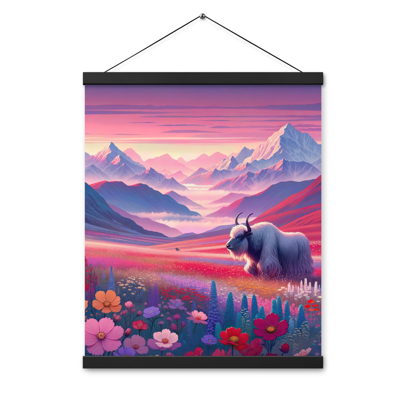 Verträumte Berg-Abenddämmerung mit Hochlandrind und blumigem Glanz - Premium Poster mit Aufhängung berge xxx yyy zzz 40.6 x 50.8 cm