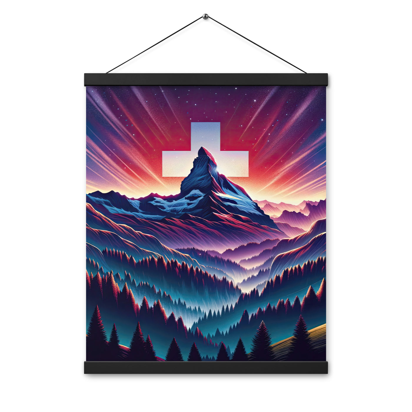 Alpenszene in Dämmerung mit Schweizer Flagge - Premium Poster mit Aufhängung berge xxx yyy zzz 40.6 x 50.8 cm