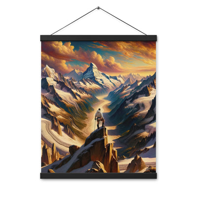 Ölgemälde eines Wanderers auf einem Hügel mit Panoramablick auf schneebedeckte Alpen und goldenen Himmel - Enhanced Matte Paper Poster wandern xxx yyy zzz 40.6 x 50.8 cm