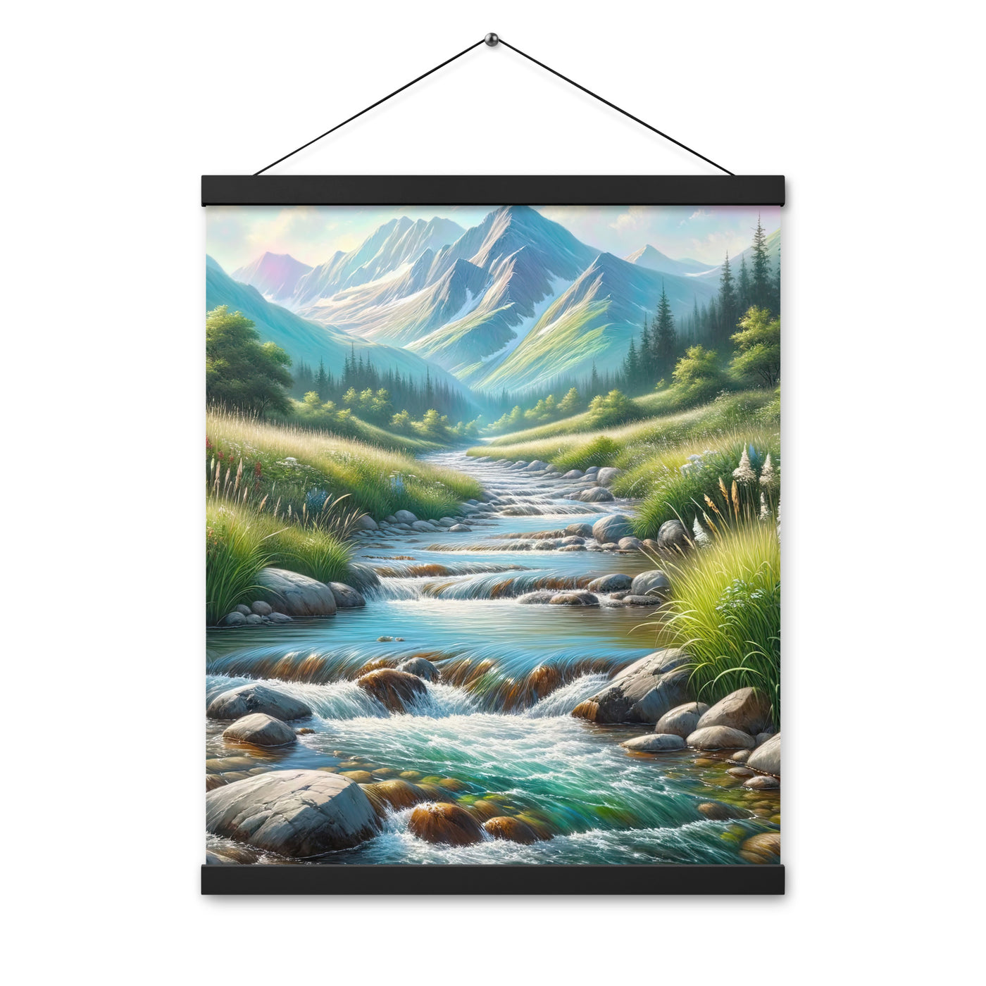 Sanfter Gebirgsbach in Ölgemälde, klares Wasser über glatten Felsen - Premium Poster mit Aufhängung berge xxx yyy zzz 40.6 x 50.8 cm