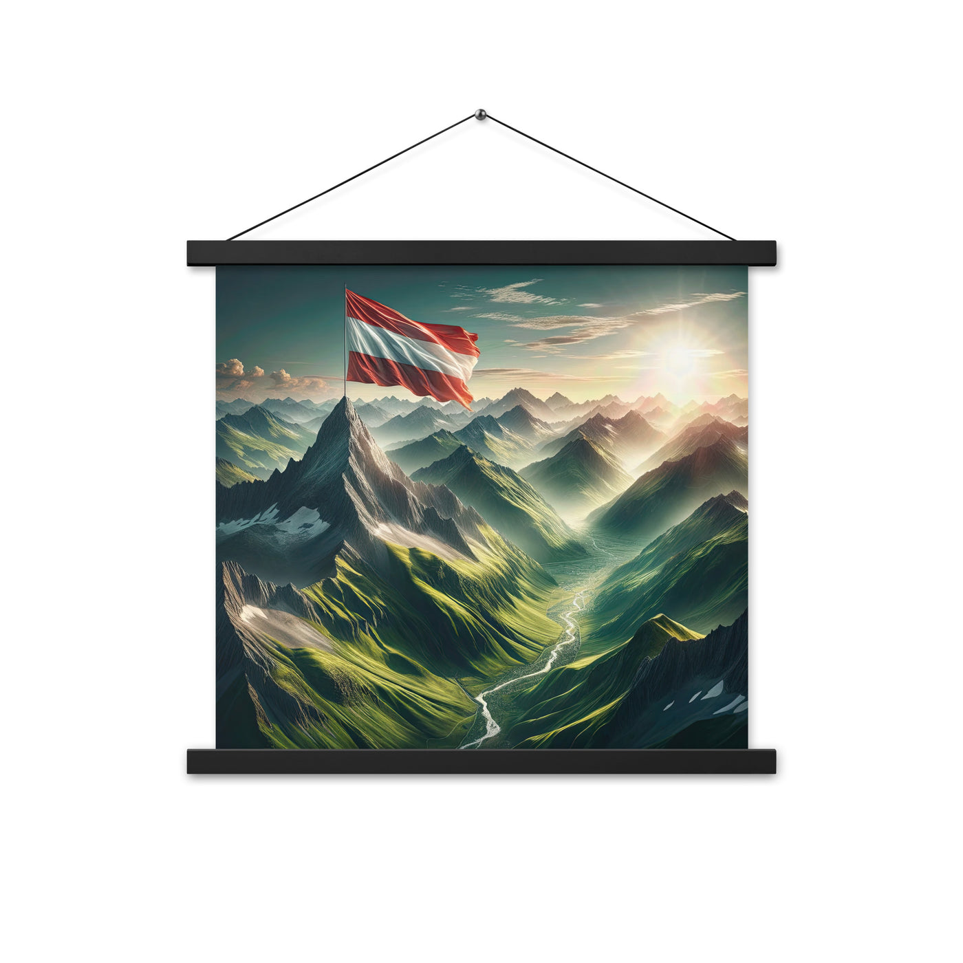 Alpen Gebirge: Fotorealistische Bergfläche mit Österreichischer Flagge - Premium Poster mit Aufhängung berge xxx yyy zzz 45.7 x 45.7 cm