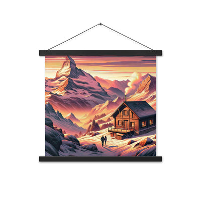 Berghütte im goldenen Sonnenuntergang: Digitale Alpenillustration - Premium Poster mit Aufhängung berge xxx yyy zzz 45.7 x 45.7 cm