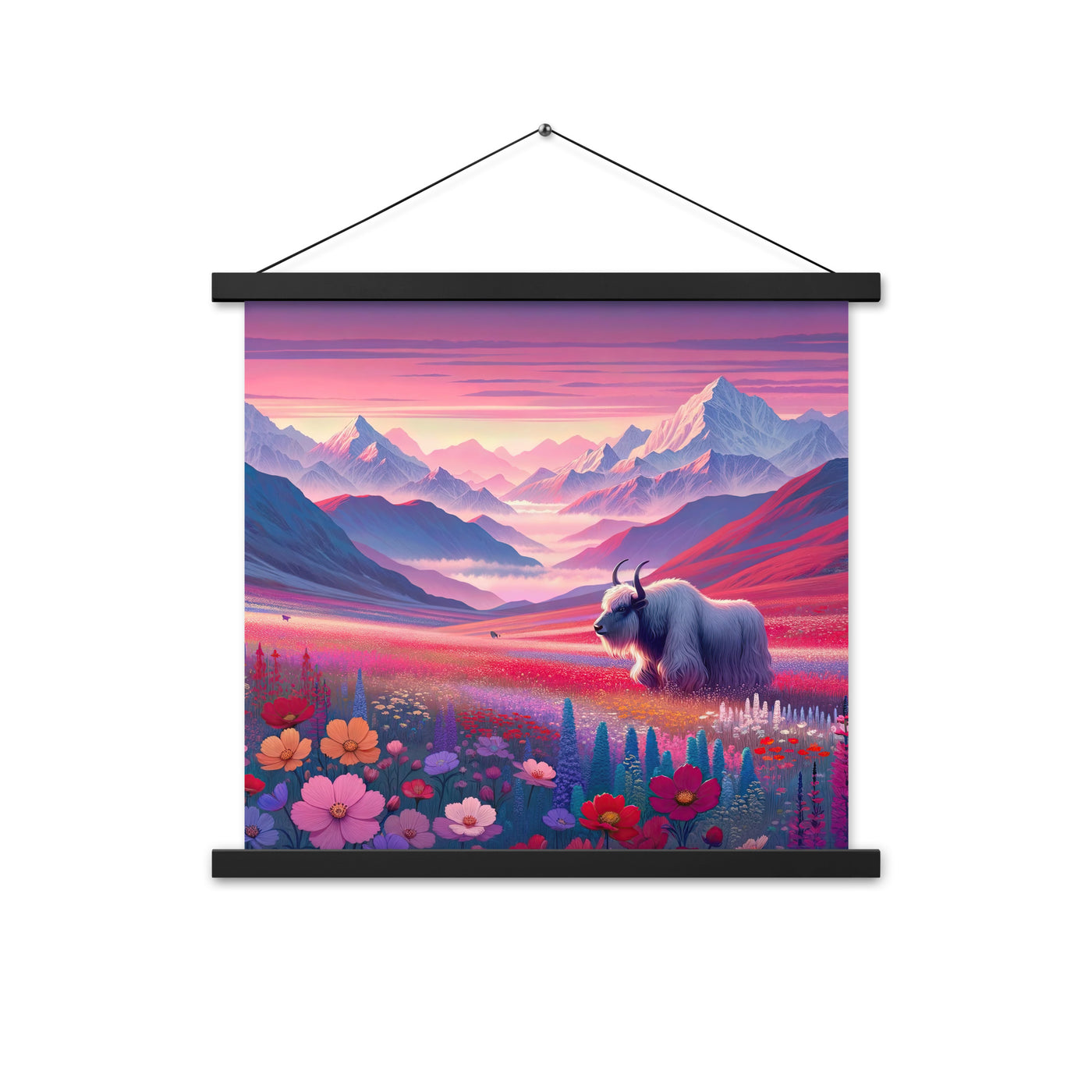 Verträumte Berg-Abenddämmerung mit Hochlandrind und blumigem Glanz - Premium Poster mit Aufhängung berge xxx yyy zzz 45.7 x 45.7 cm