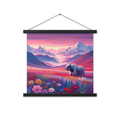 Verträumte Berg-Abenddämmerung mit Hochlandrind und blumigem Glanz - Premium Poster mit Aufhängung berge xxx yyy zzz 45.7 x 45.7 cm