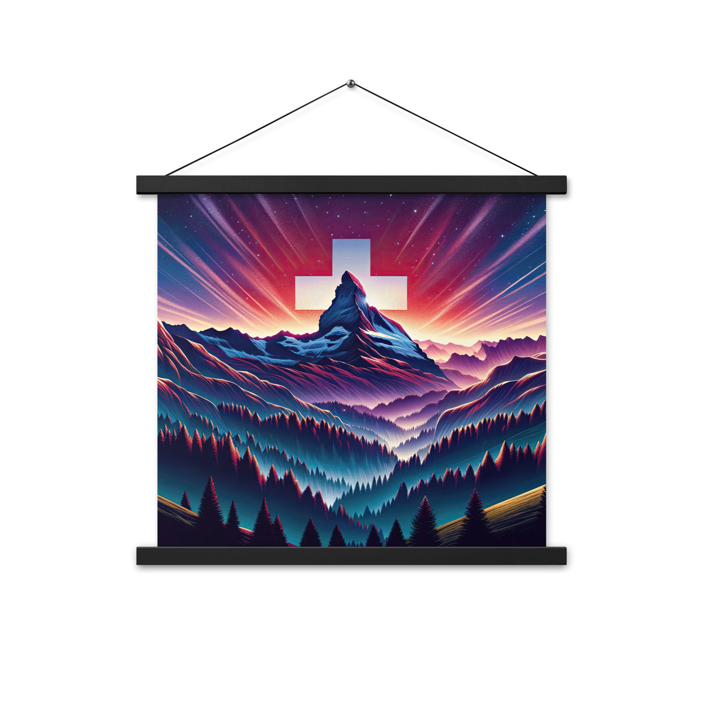 Alpenszene in Dämmerung mit Schweizer Flagge - Premium Poster mit Aufhängung berge xxx yyy zzz 45.7 x 45.7 cm