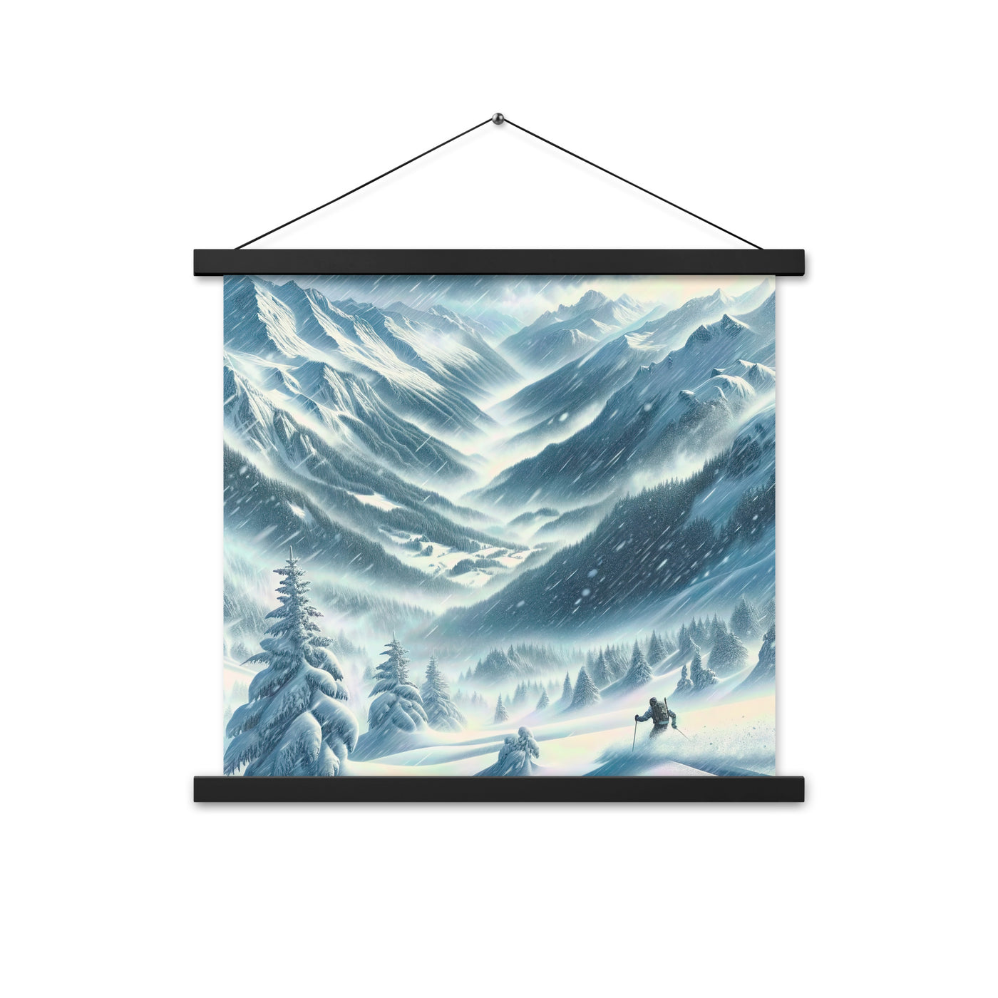 Alpine Wildnis im Wintersturm mit Skifahrer, verschneite Landschaft - Premium Poster mit Aufhängung klettern ski xxx yyy zzz 45.7 x 45.7 cm