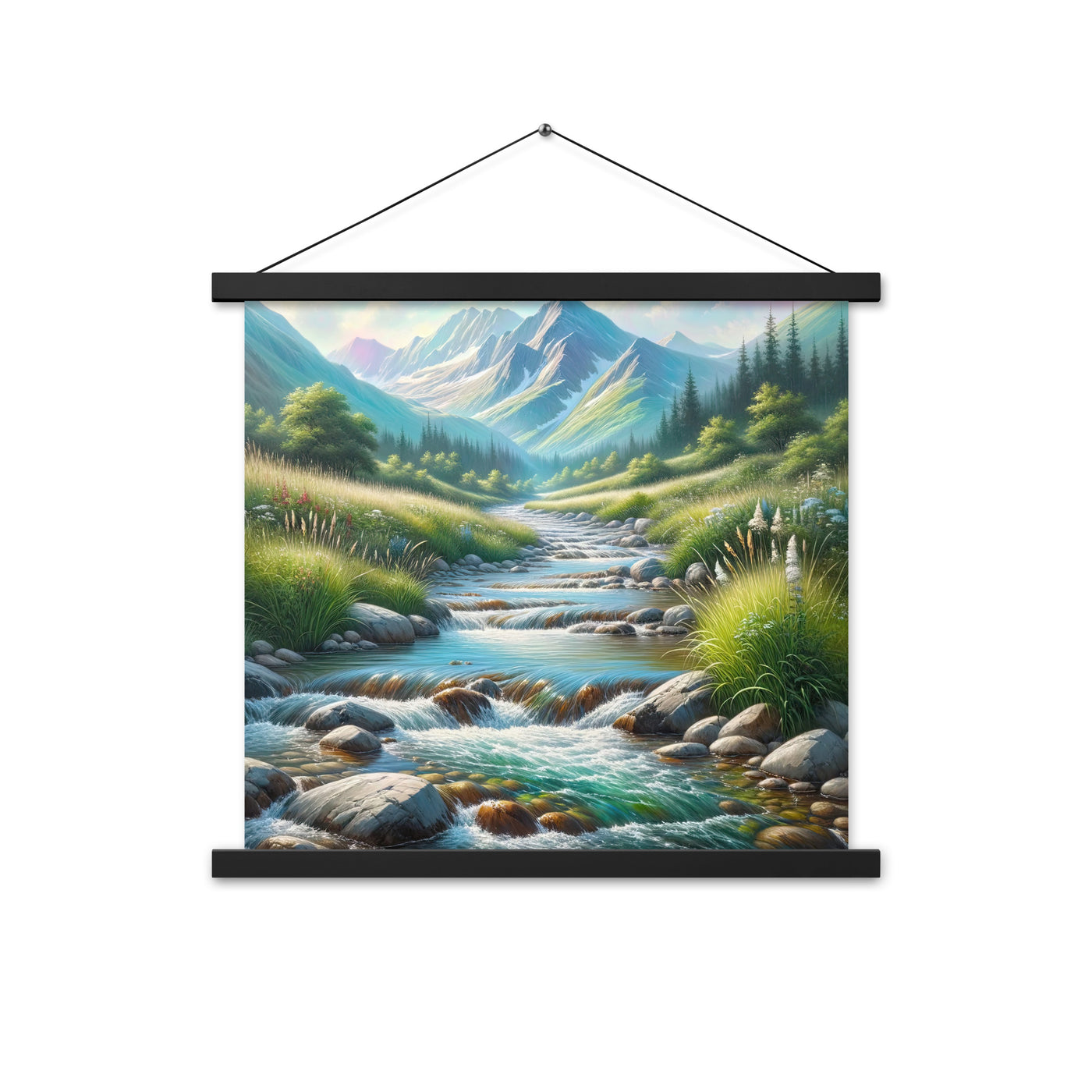 Sanfter Gebirgsbach in Ölgemälde, klares Wasser über glatten Felsen - Premium Poster mit Aufhängung berge xxx yyy zzz 45.7 x 45.7 cm