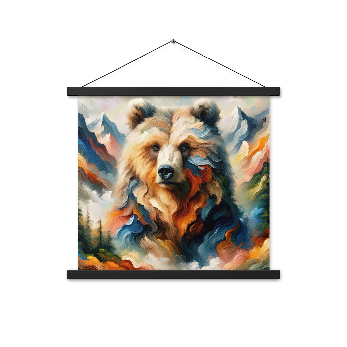 Ölgemälde mit Bär und abstrakter Alpeninterpretation, Verschmelzung von Natur und Kunst - Premium Poster mit Aufhängung camping xxx yyy zzz 45.7 x 45.7 cm