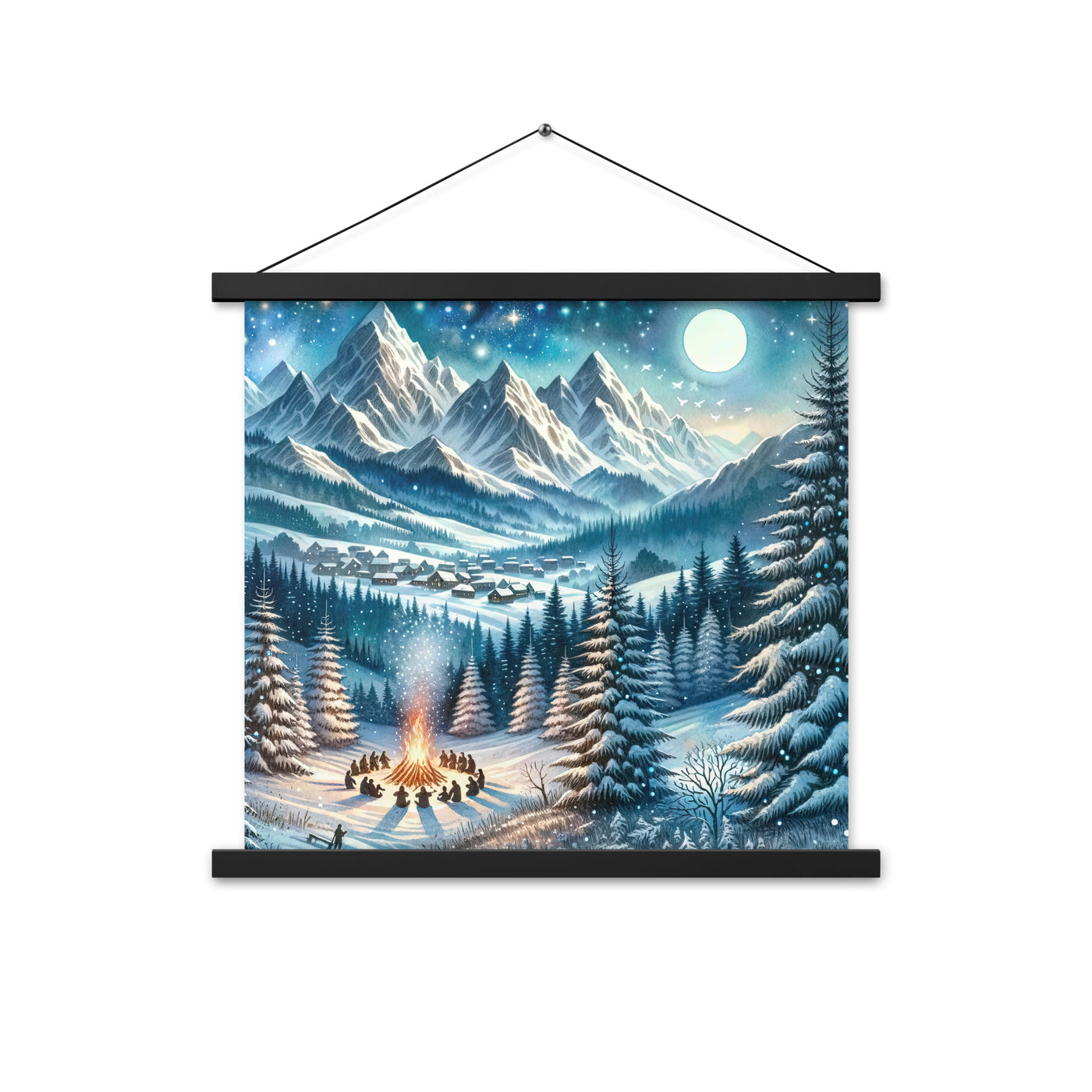 Aquarell eines Winterabends in den Alpen mit Lagerfeuer und Wanderern, glitzernder Neuschnee - Enhanced Matte Paper Poster With Hanger camping xxx yyy zzz 45.7 x 45.7 cm