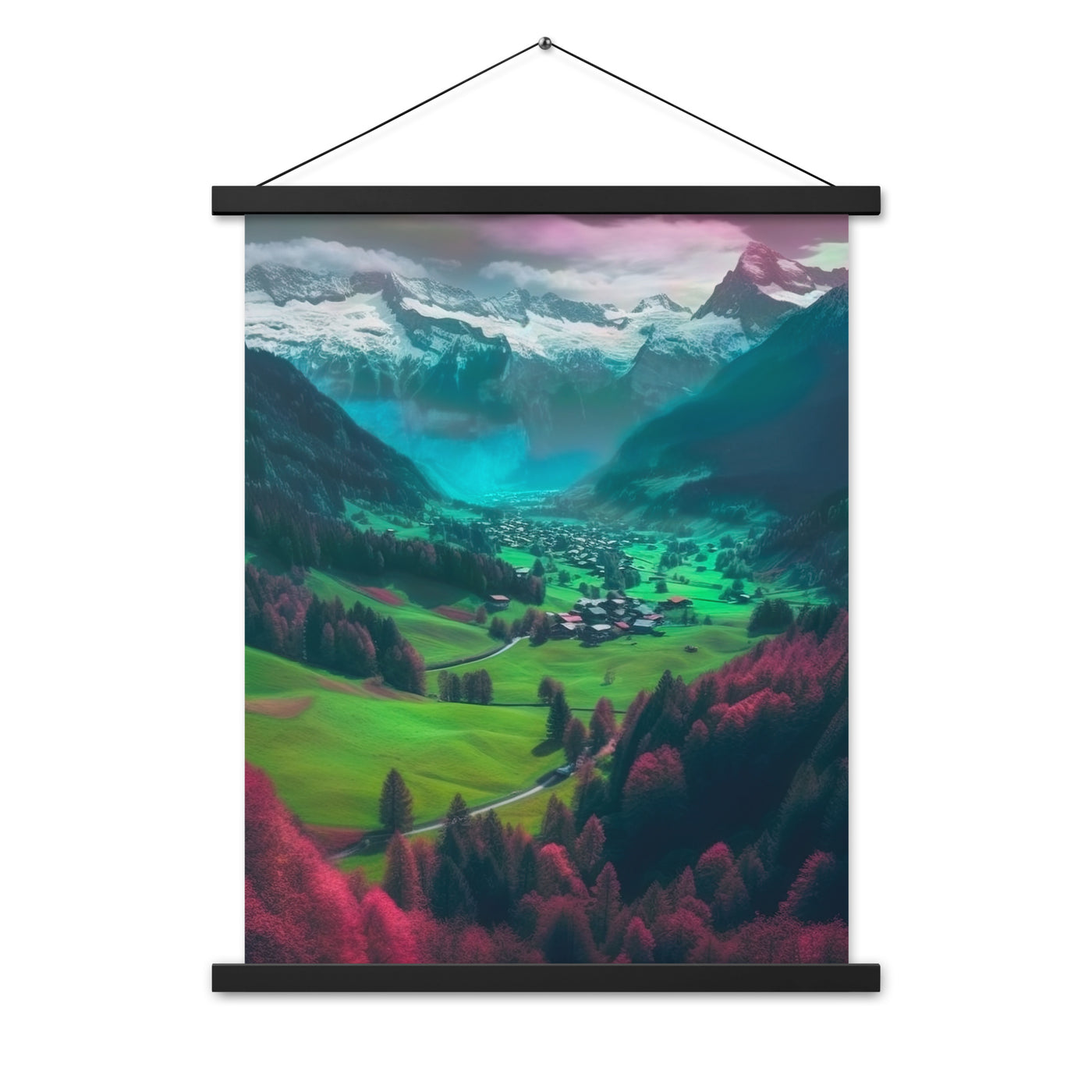 Berglandschaft und Dorf - Fotorealistische Malerei - Premium Poster mit Aufhängung berge xxx 45.7 x 61 cm