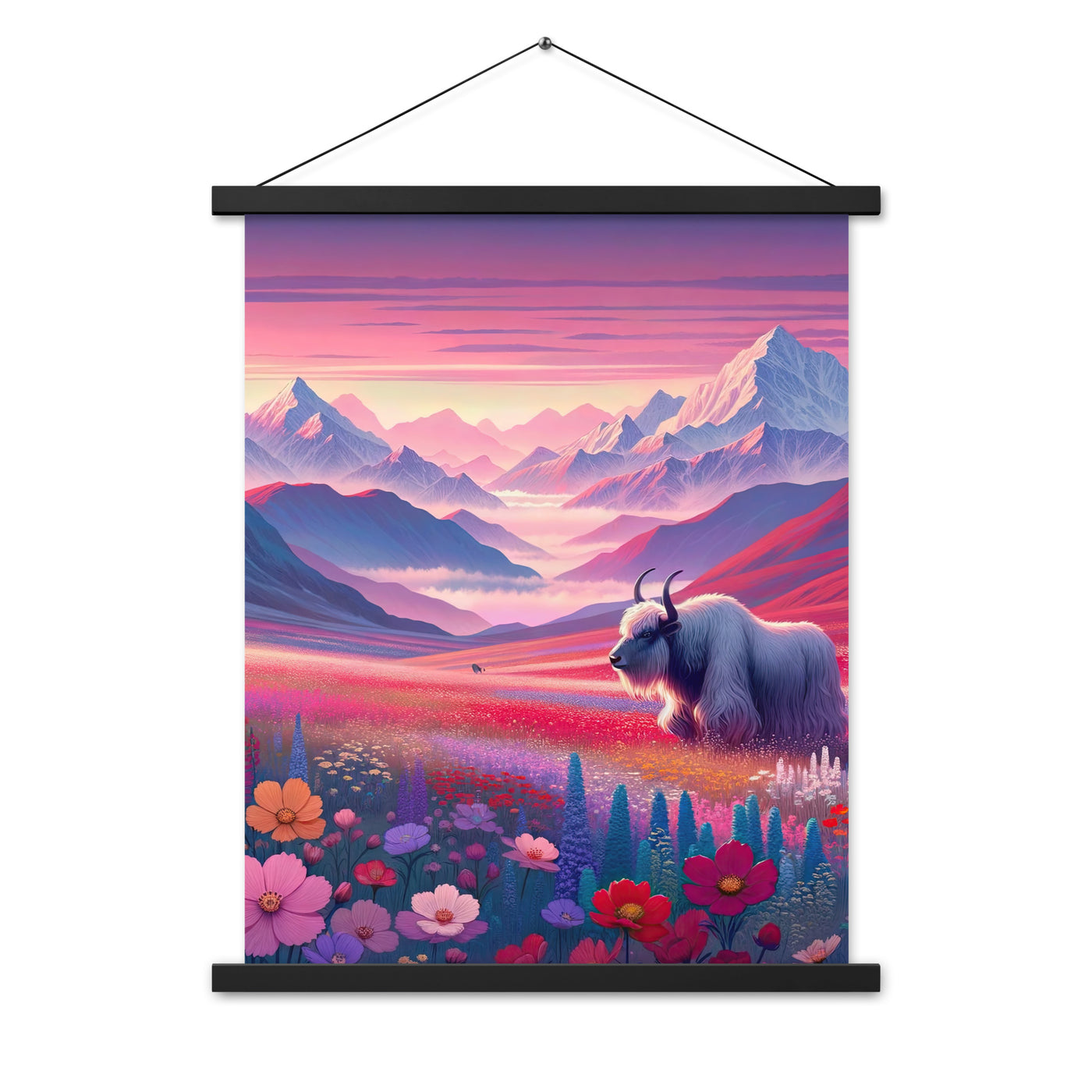 Verträumte Berg-Abenddämmerung mit Hochlandrind und blumigem Glanz - Premium Poster mit Aufhängung berge xxx yyy zzz 45.7 x 61 cm