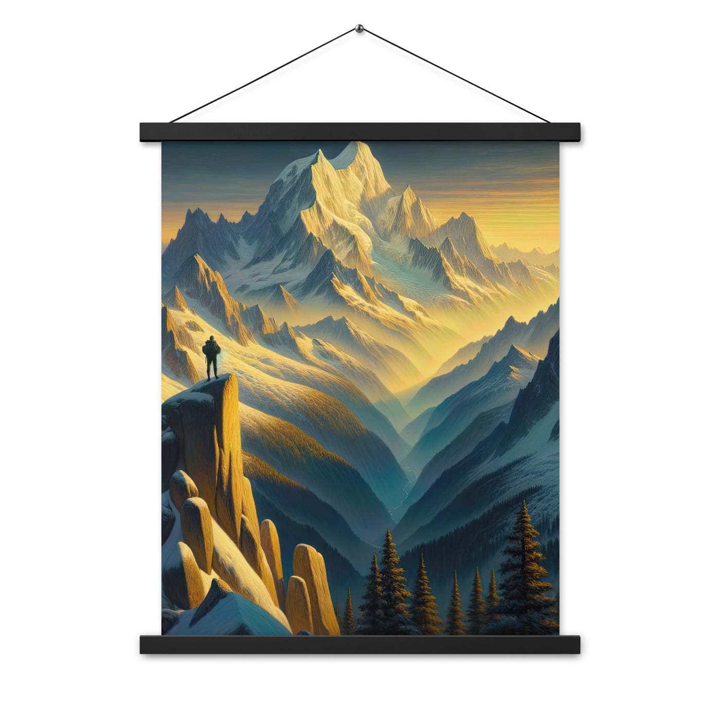 Ölgemälde eines Wanderers bei Morgendämmerung auf Alpengipfeln mit goldenem Sonnenlicht - Premium Poster mit Aufhängung wandern xxx yyy zzz 45.7 x 61 cm