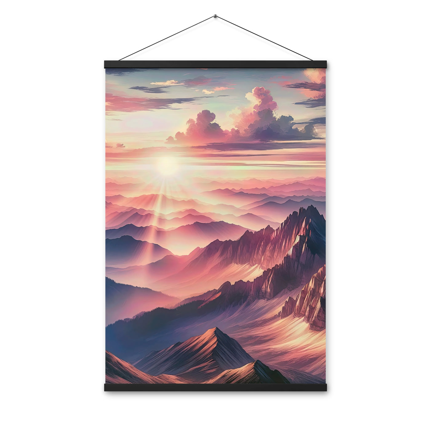 Schöne Berge bei Sonnenaufgang: Malerei in Pastelltönen - Premium Poster mit Aufhängung berge xxx yyy zzz 61 x 91.4 cm