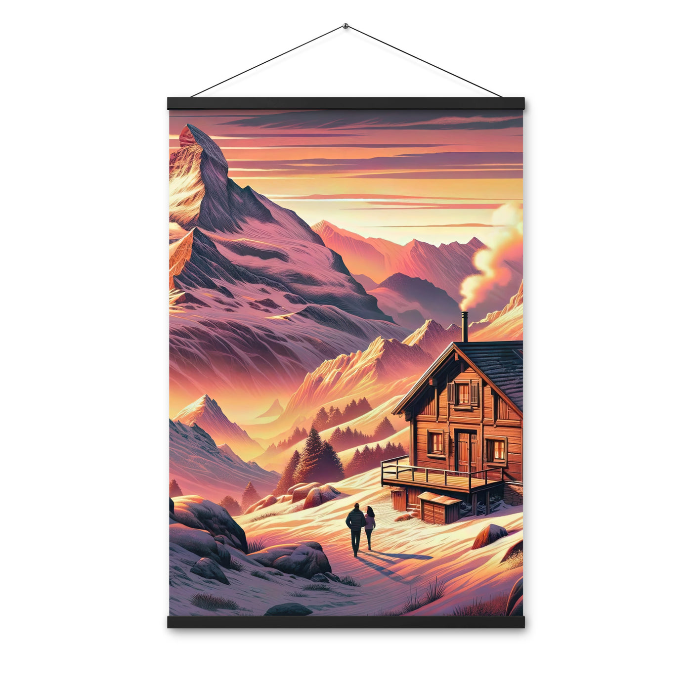 Berghütte im goldenen Sonnenuntergang: Digitale Alpenillustration - Premium Poster mit Aufhängung berge xxx yyy zzz 61 x 91.4 cm