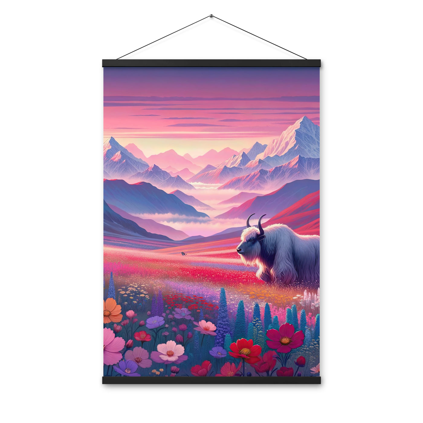 Verträumte Berg-Abenddämmerung mit Hochlandrind und blumigem Glanz - Premium Poster mit Aufhängung berge xxx yyy zzz 61 x 91.4 cm