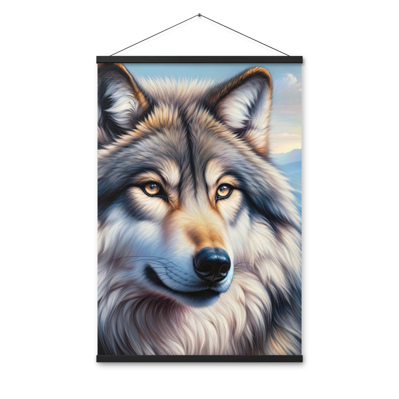 Ölgemäldeporträt eines majestätischen Wolfes mit intensiven Augen in der Berglandschaft (AN) - Premium Poster mit Aufhängung xxx yyy zzz 61 x 91.4 cm