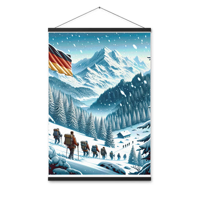 Quadratische Winterillustration der Alpen mit deutscher Flagge und Wanderteam - Premium Poster mit Aufhängung wandern xxx yyy zzz 61 x 91.4 cm