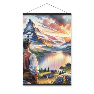 Aquarell einer Berglandschaft in der goldenen Stunde mit österreichischem Wanderer - Premium Poster mit Aufhängung wandern xxx yyy zzz 61 x 91.4 cm