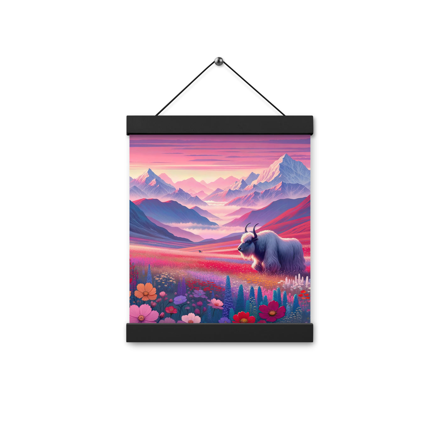 Verträumte Berg-Abenddämmerung mit Hochlandrind und blumigem Glanz - Premium Poster mit Aufhängung berge xxx yyy zzz 20.3 x 25.4 cm