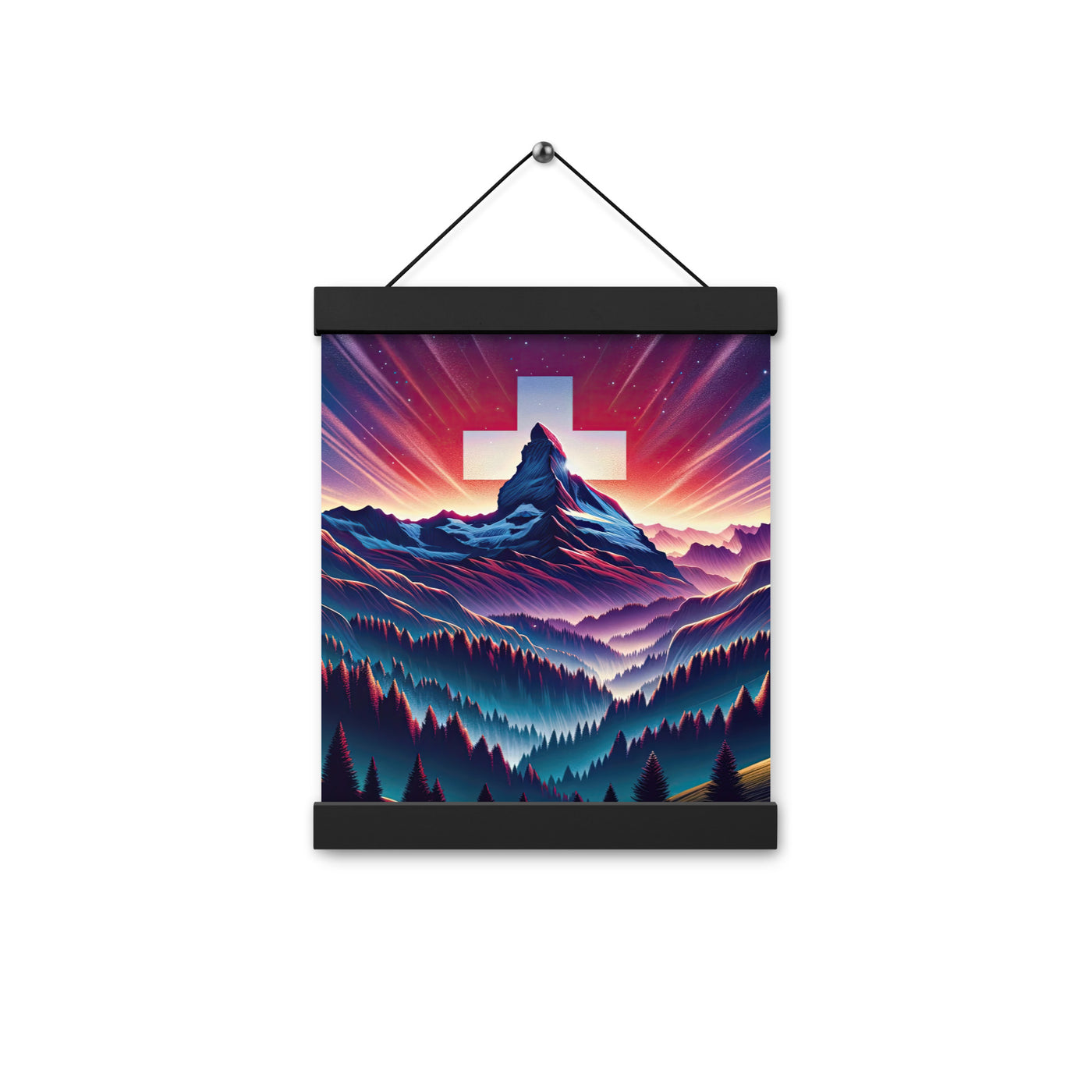 Alpenszene in Dämmerung mit Schweizer Flagge - Premium Poster mit Aufhängung berge xxx yyy zzz 20.3 x 25.4 cm