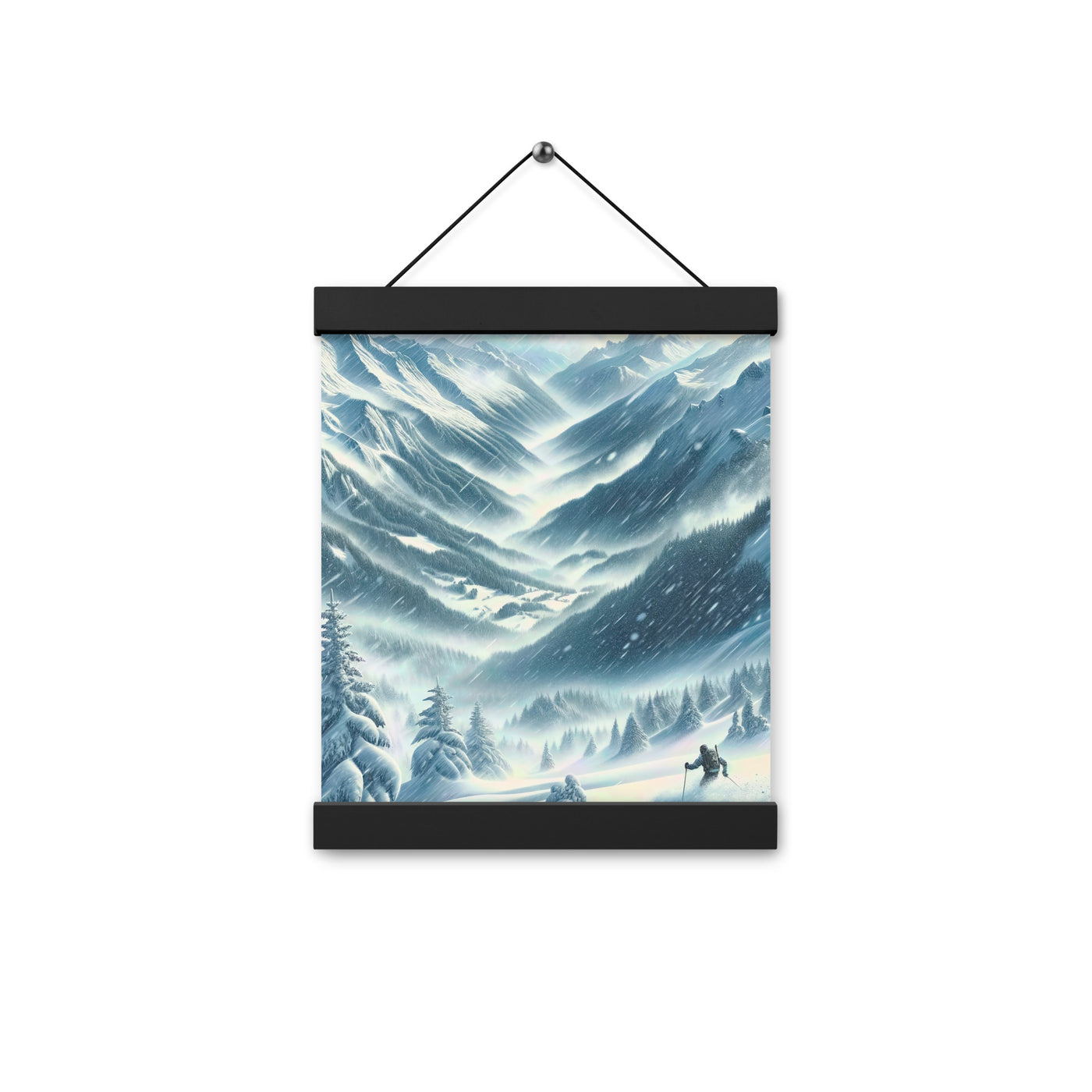 Alpine Wildnis im Wintersturm mit Skifahrer, verschneite Landschaft - Premium Poster mit Aufhängung klettern ski xxx yyy zzz 20.3 x 25.4 cm