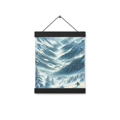 Alpine Wildnis im Wintersturm mit Skifahrer, verschneite Landschaft - Premium Poster mit Aufhängung klettern ski xxx yyy zzz 20.3 x 25.4 cm