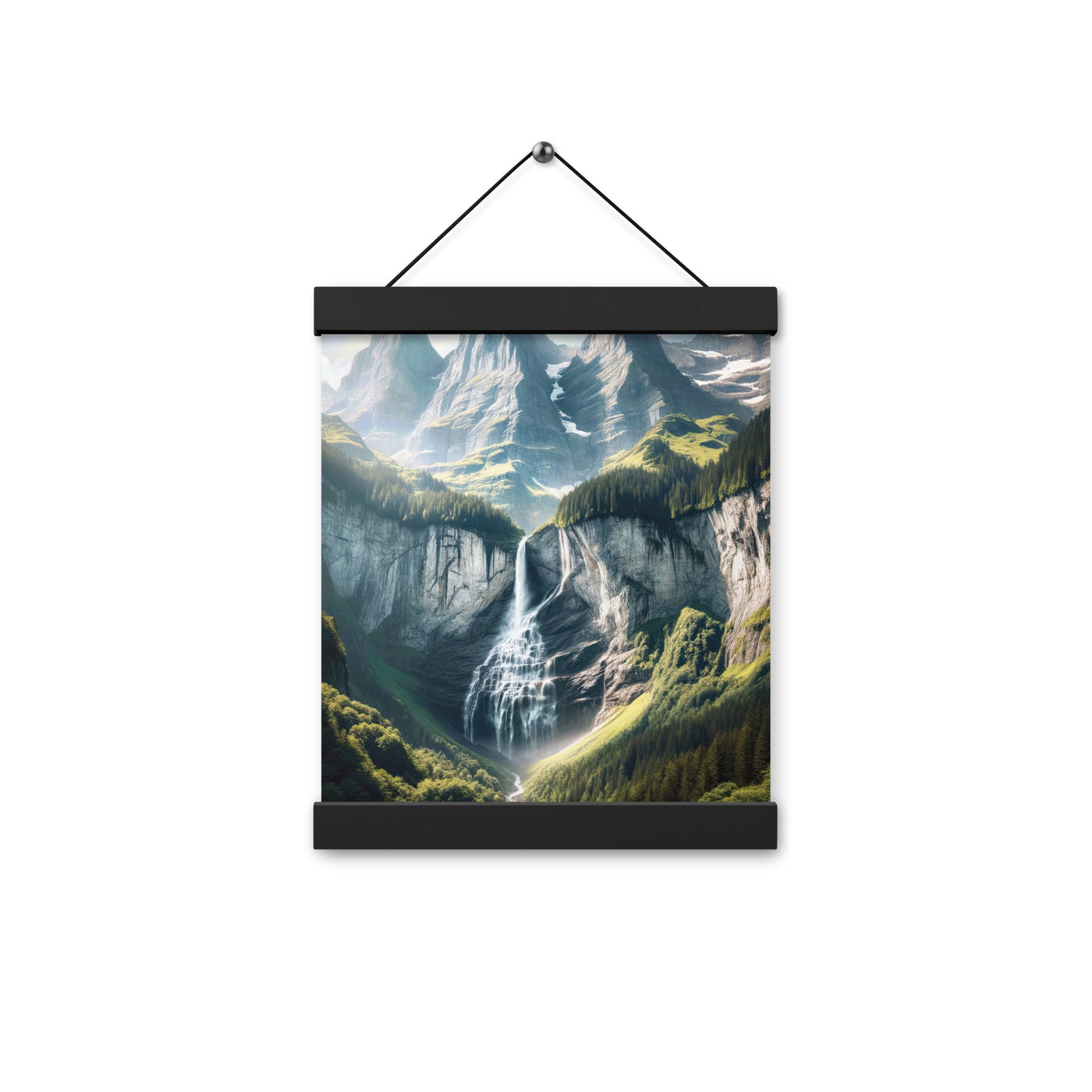 Foto der sommerlichen Alpen mit üppigen Gipfeln und Wasserfall - Premium Poster mit Aufhängung berge xxx yyy zzz 20.3 x 25.4 cm