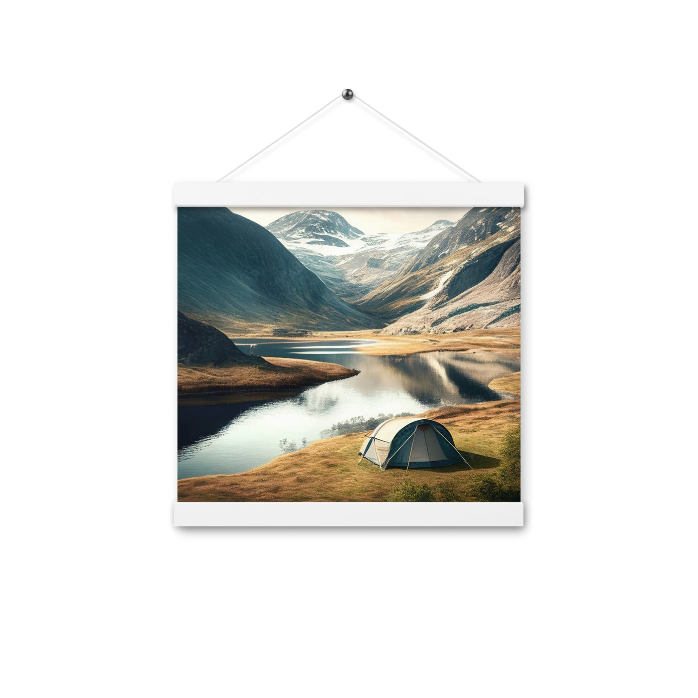 Zelt, Berge und Bergsee - Premium Poster mit Aufhängung camping xxx 30.5 x 30.5 cm