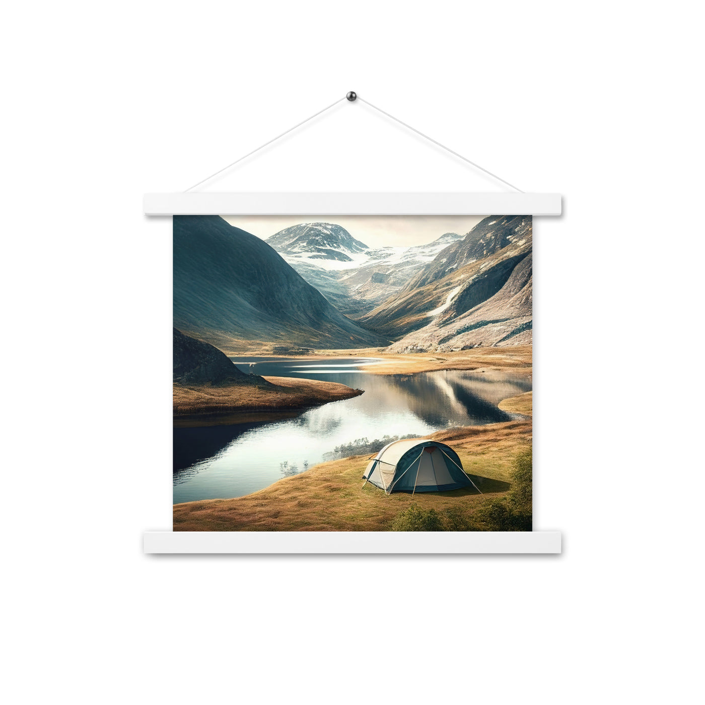 Zelt, Berge und Bergsee - Premium Poster mit Aufhängung camping xxx 35.6 x 35.6 cm