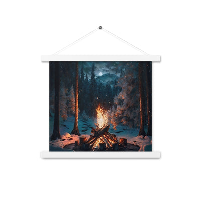 Lagerfeuer beim Camping - Wald mit Schneebedeckten Bäumen - Malerei - Premium Poster mit Aufhängung camping xxx 35.6 x 35.6 cm