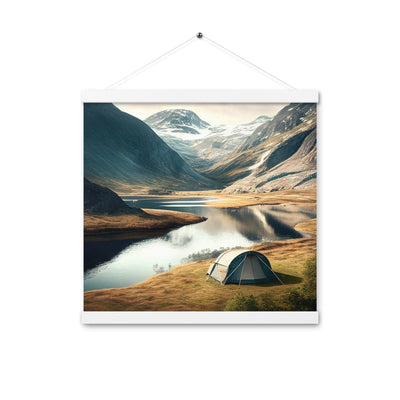 Zelt, Berge und Bergsee - Premium Poster mit Aufhängung camping xxx 40.6 x 40.6 cm