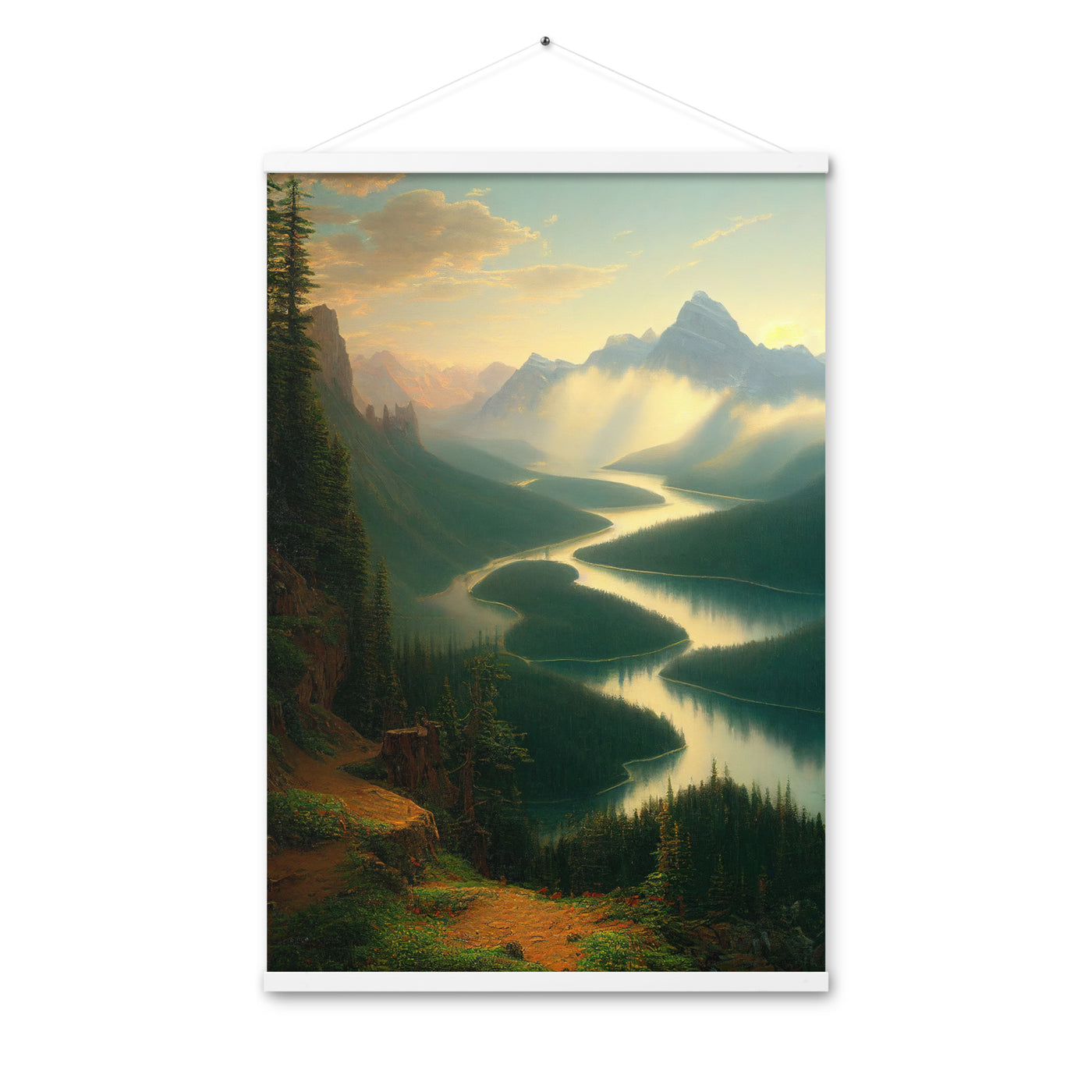 Landschaft mit Bergen, See und viel grüne Natur - Malerei - Premium Poster mit Aufhängung berge xxx 61 x 91.4 cm