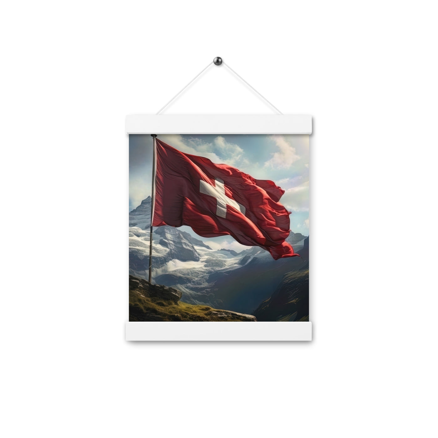 Schweizer Flagge und Berge im Hintergrund - Fotorealistische Malerei - Premium Poster mit Aufhängung berge xxx 20.3 x 25.4 cm