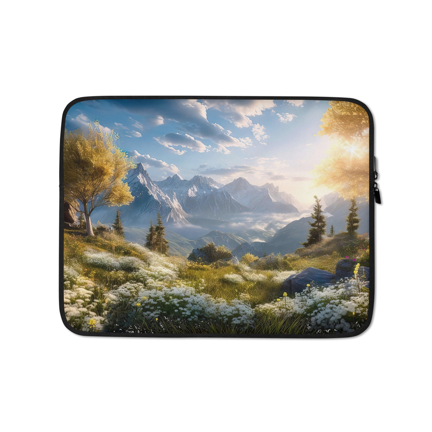 Berglandschaft mit Sonnenschein, Blumen und Bäumen - Malerei - Laptophülle berge xxx 13″