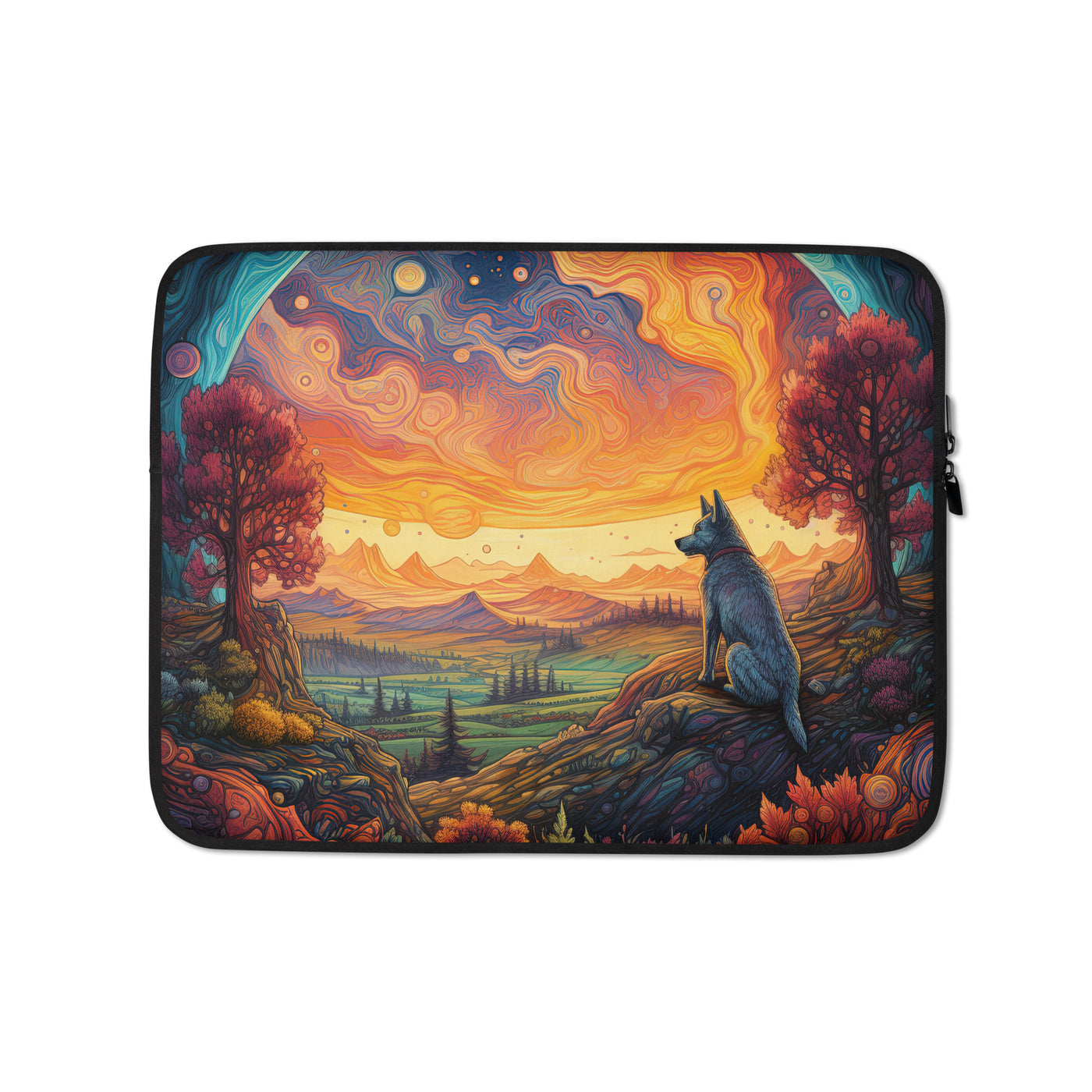 Hund auf Felsen - Epische bunte Landschaft - Malerei - Laptophülle camping xxx 13″