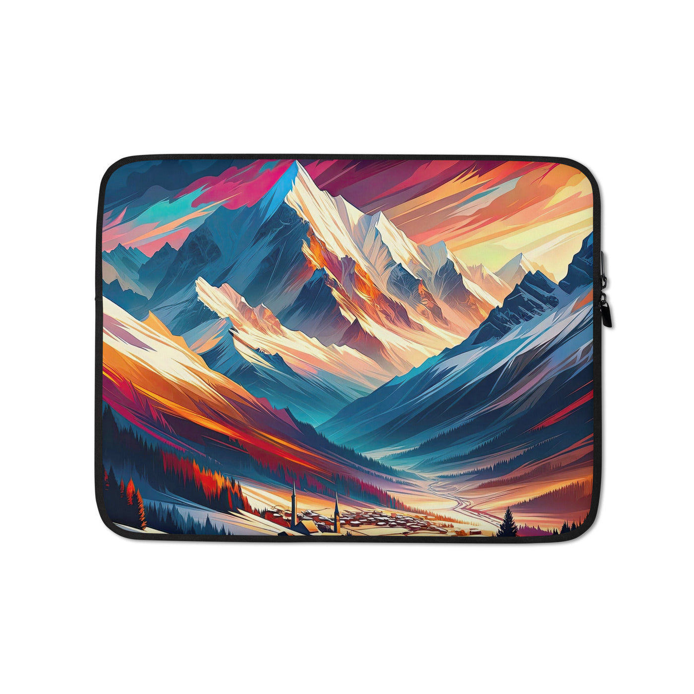 Moderne geometrische Alpen Kunst: Warmer Sonnenuntergangs Schein auf Schneegipfeln - Laptophülle berge xxx yyy zzz 13″