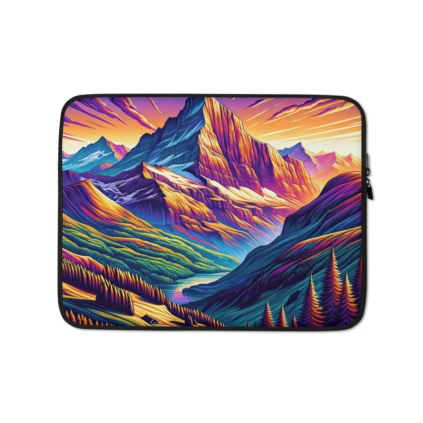 Bergpracht mit Schweizer Flagge: Farbenfrohe Illustration einer Berglandschaft - Laptophülle berge xxx yyy zzz 13″