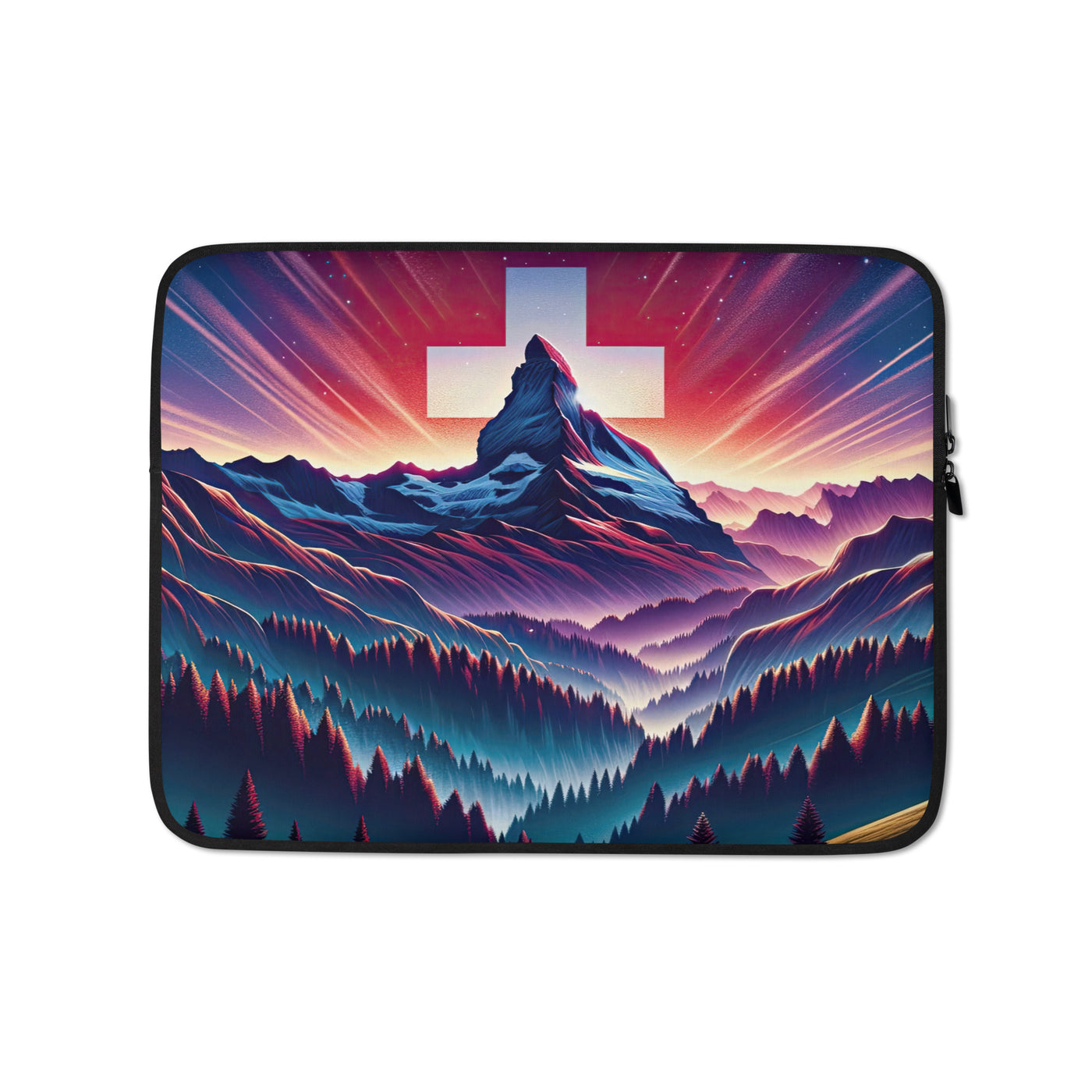 Alpenszene in Dämmerung mit Schweizer Flagge - Laptophülle berge xxx yyy zzz 13″