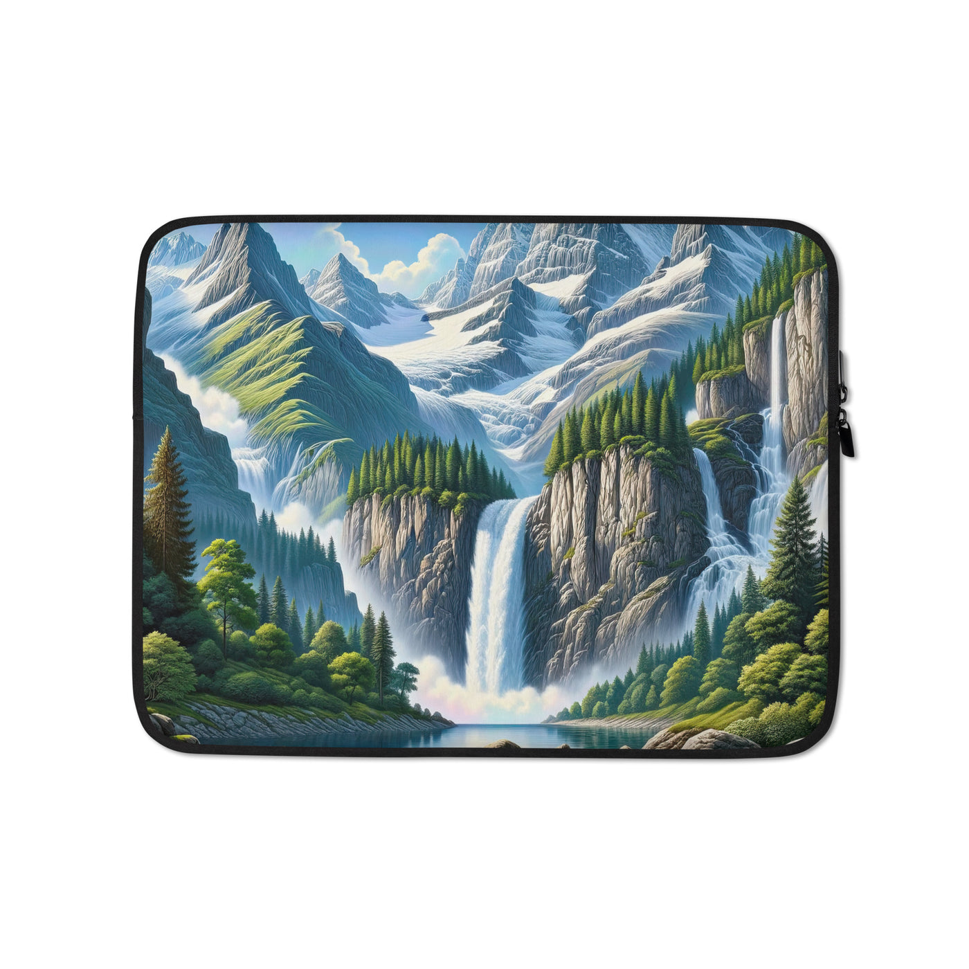 Illustration einer unberührten Alpenkulisse im Hochsommer. Wasserfall und See - Laptophülle berge xxx yyy zzz 13″