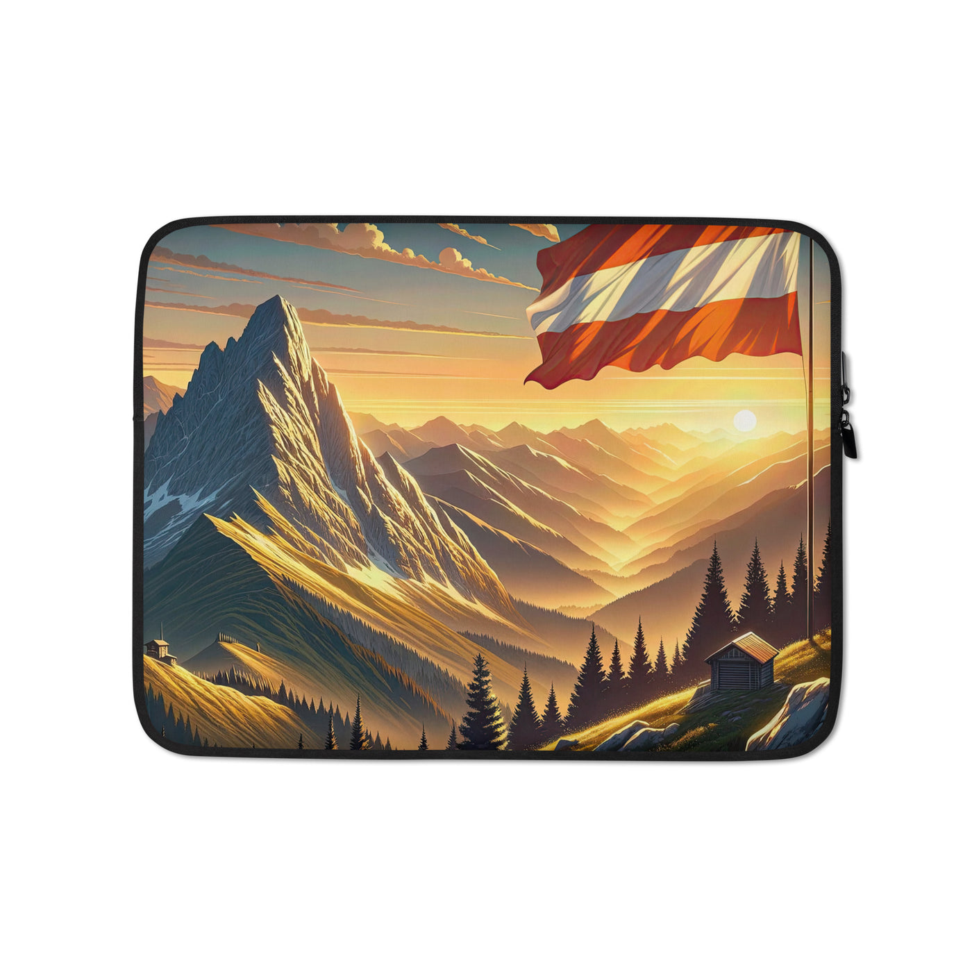 Ruhiger Alpenabend mit österreichischer Flagge und goldenem Sonnenuntergang - Laptophülle berge xxx yyy zzz 13″